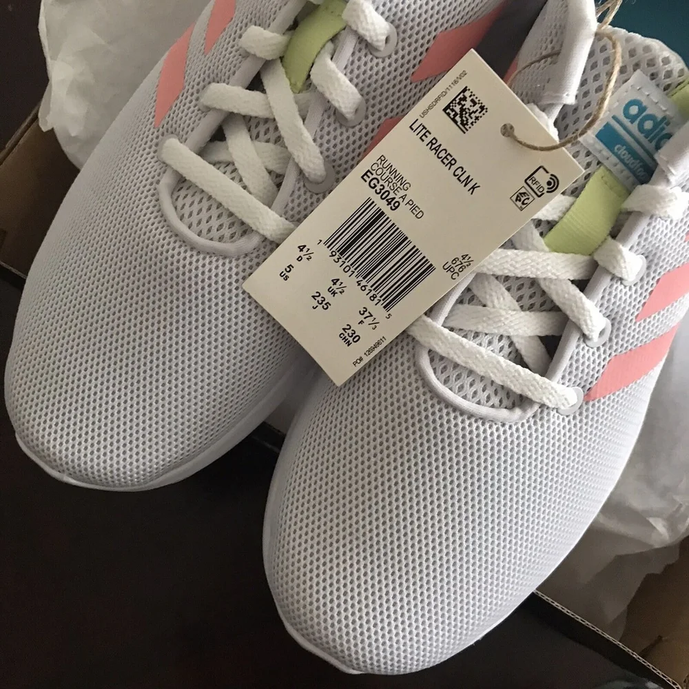 adidas Lite Racer Cln Running Shoes Big Kids Youth Size 5 Gray Green Pink New